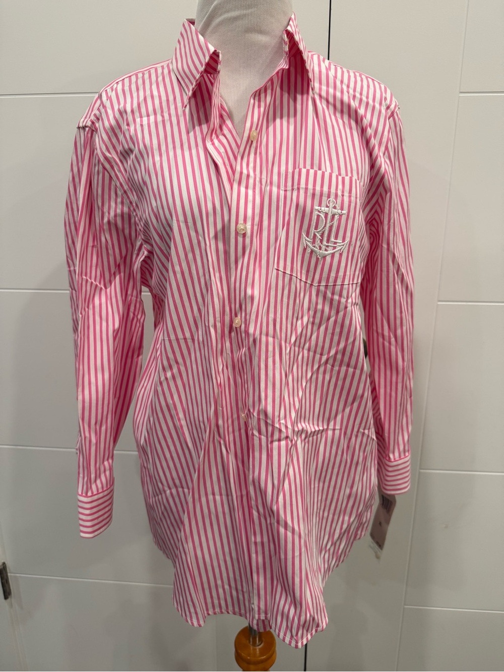 Ralph Lauren Pink and White Striped Button-Up Shirt with Anchor Embroidery